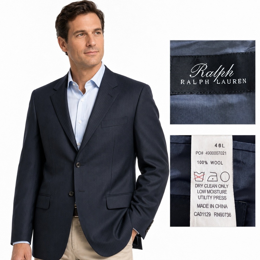 Ralph Ralph Lauren Blazer Men 46L Navy Pinstripe 3-Button Wool Sport Coat Jacket